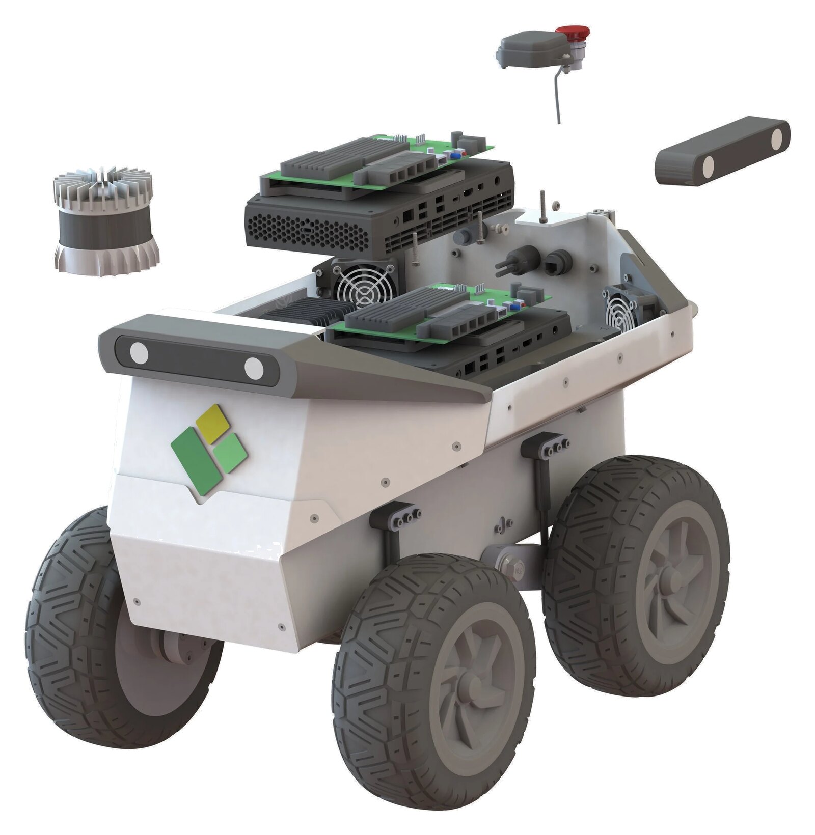 TerraSentia+ with its compute boards, cooling, emergency stop, and camera bar shown lifted off the chassis